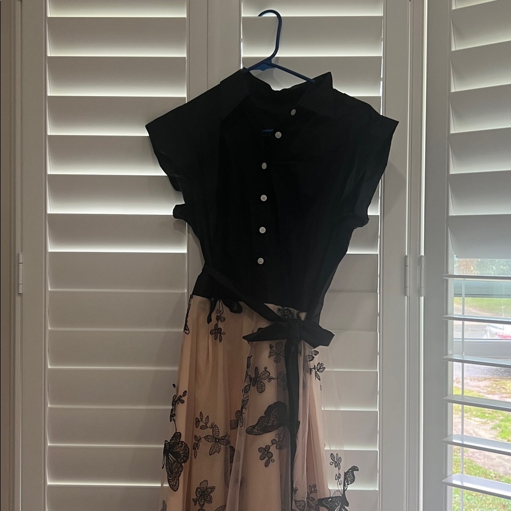 Black and Cream Button-Up Dress with Floral and Butterfly Design